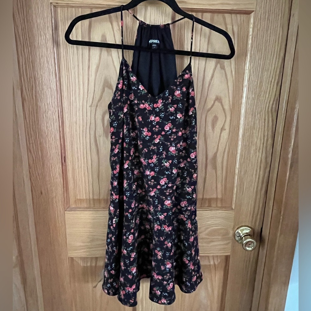 Express Black Dress with Red Floral Design